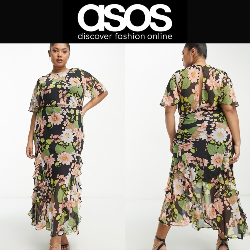 ASOS FLORAL PRINT FLUTTER SLEEVE  ASYMMETRIC WAIST RUFFLE HEM MAXI DRESS **NWT**